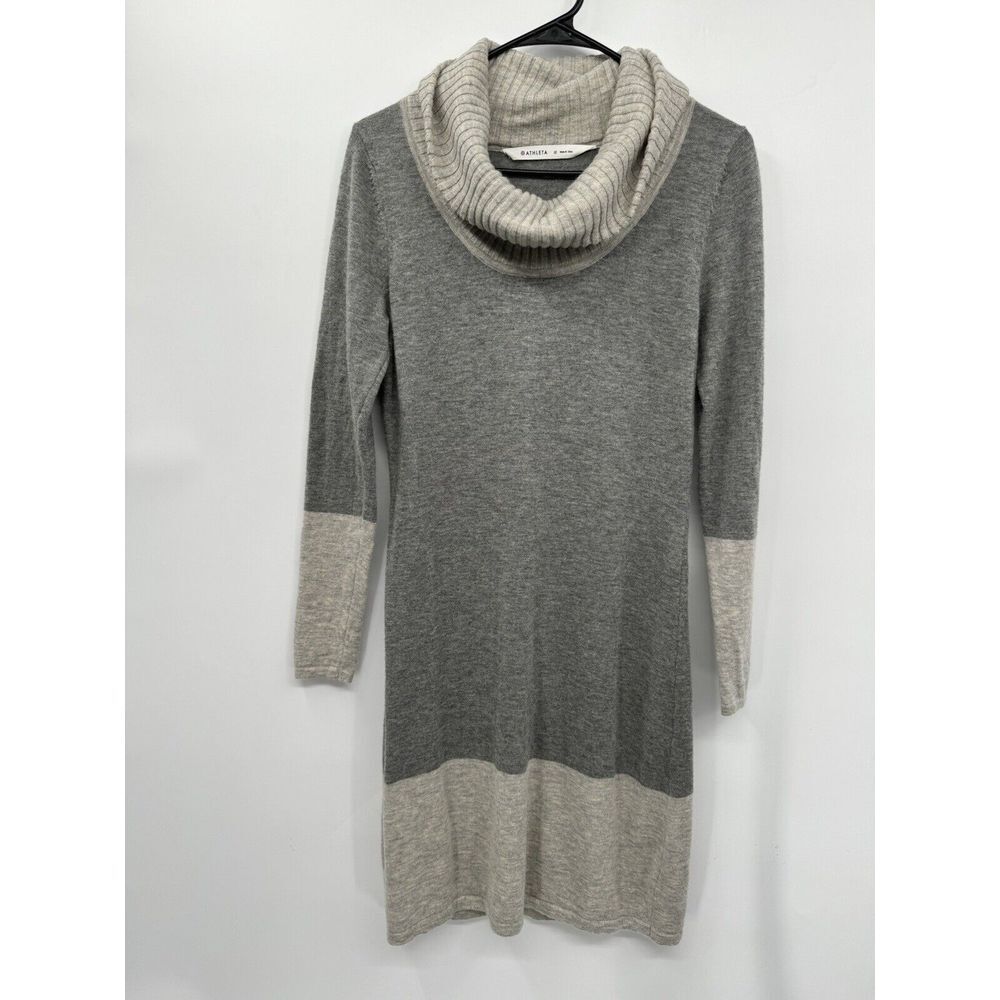 Athleta M Merino Wool Sweater Dress Womens Grey Colorblock Cowl Neck 428331